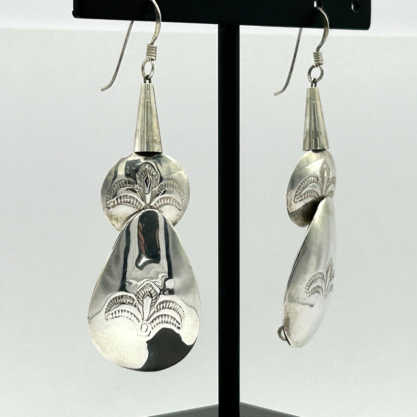 Sterling Silver Navajo Native American Concho Bead 2" Dangle Earrings - 7.4g