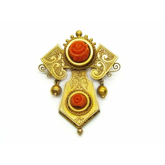 Victorian Hinged Carved Rose Red Coral Lavalier Brooch Pendant 16k Gold