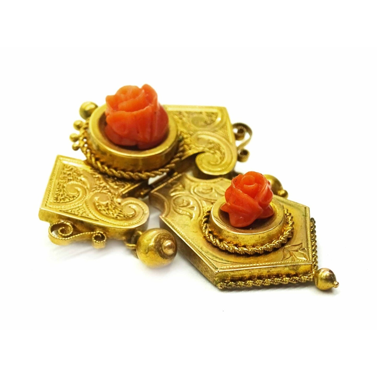 Victorian Hinged Carved Rose Red Coral Lavalier Brooch Pendant 16k Gold