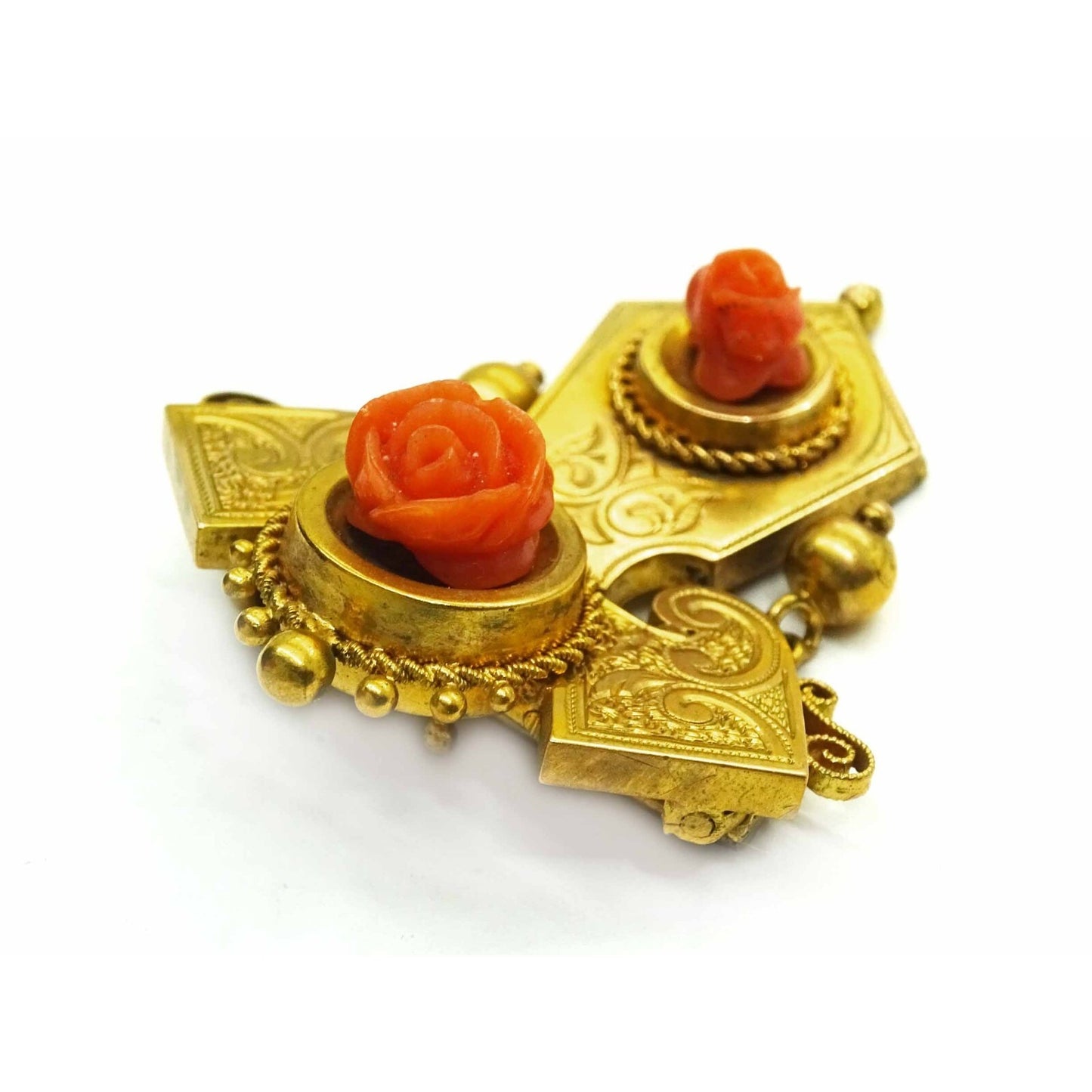 Victorian Hinged Carved Rose Red Coral Lavalier Brooch Pendant 16k Gold