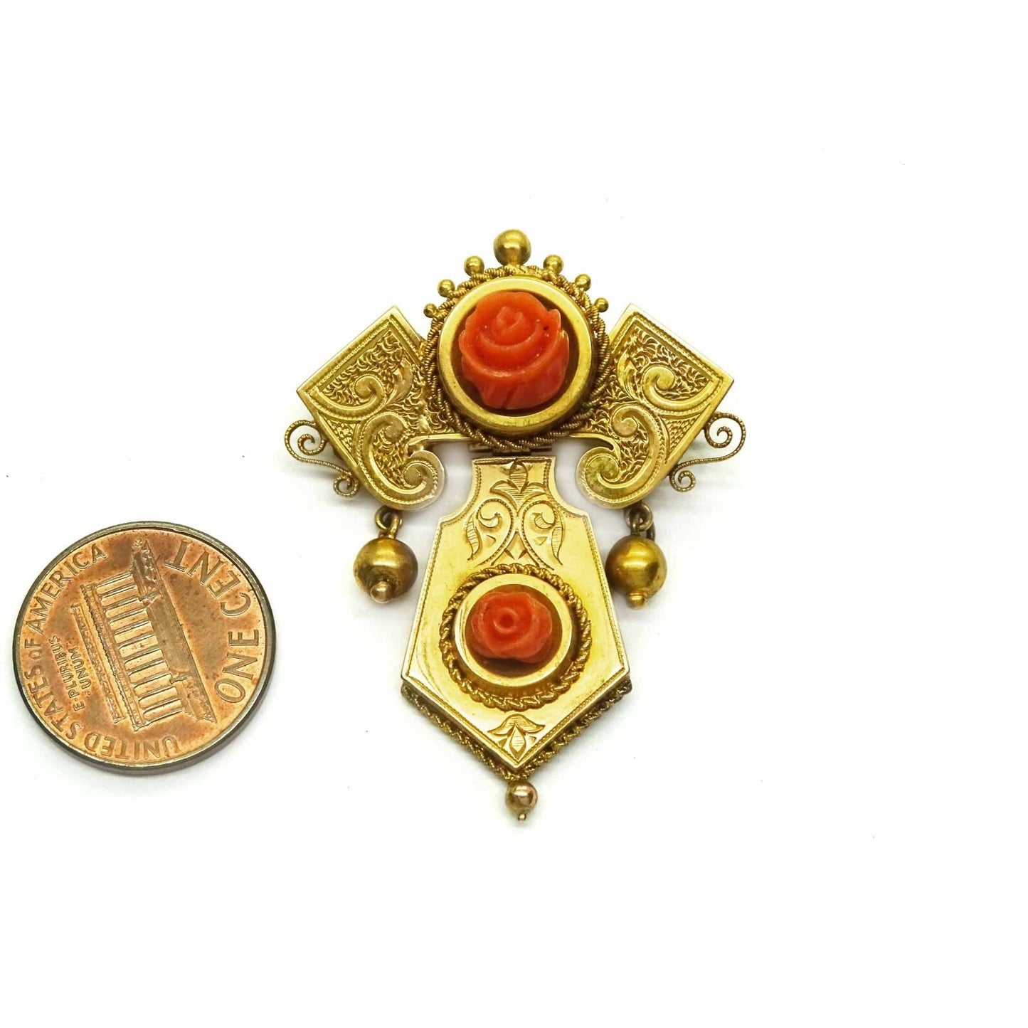 Victorian Hinged Carved Rose Red Coral Lavalier Brooch Pendant 16k Gold