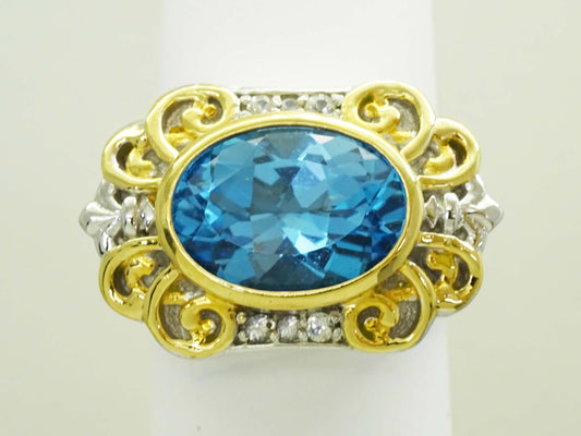 Faceted Blue Topaz & CZ Accent Statement Ring Sterling Silver Size 10