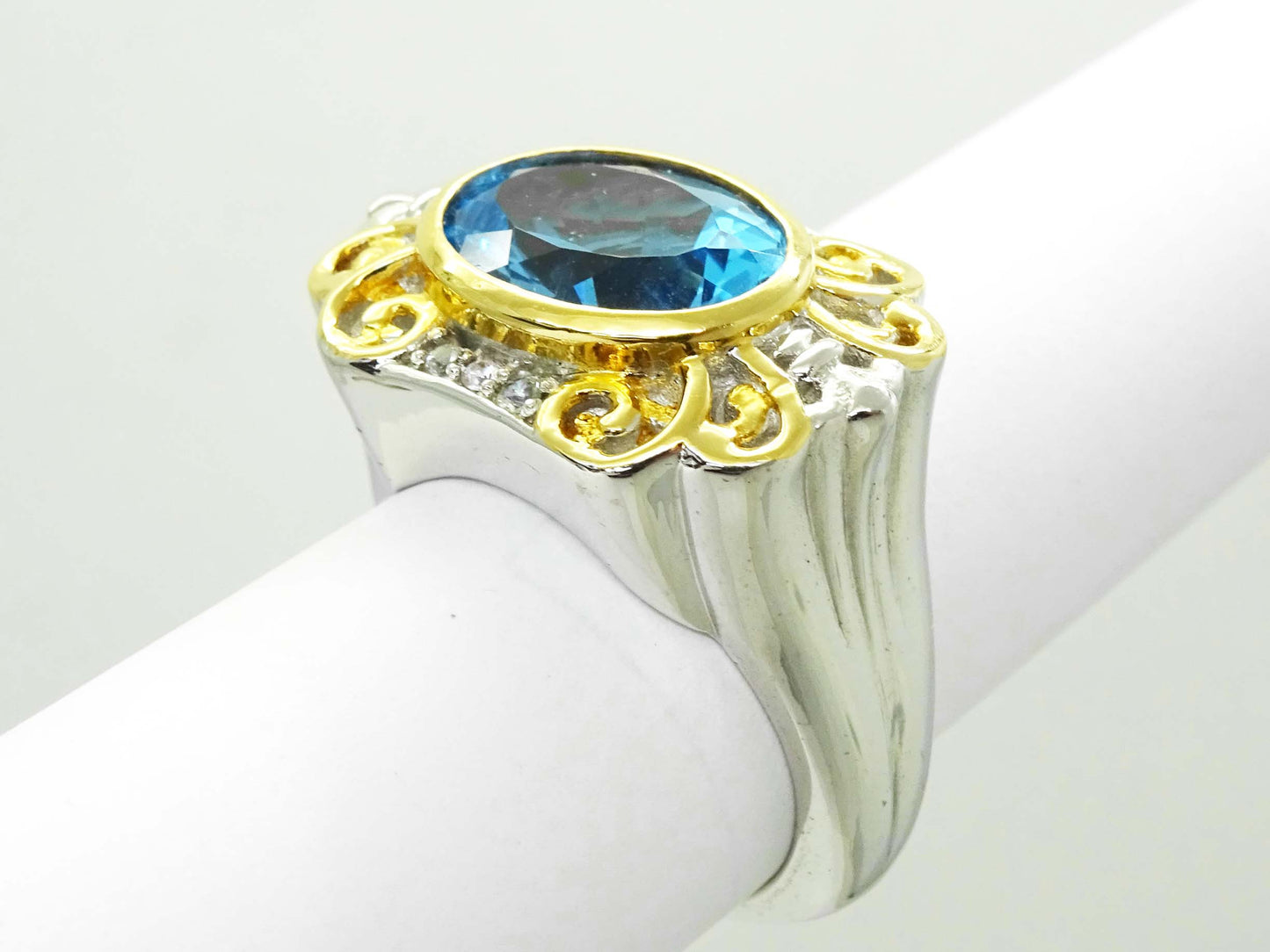 Faceted Blue Topaz & CZ Accent Statement Ring Sterling Silver Size 10