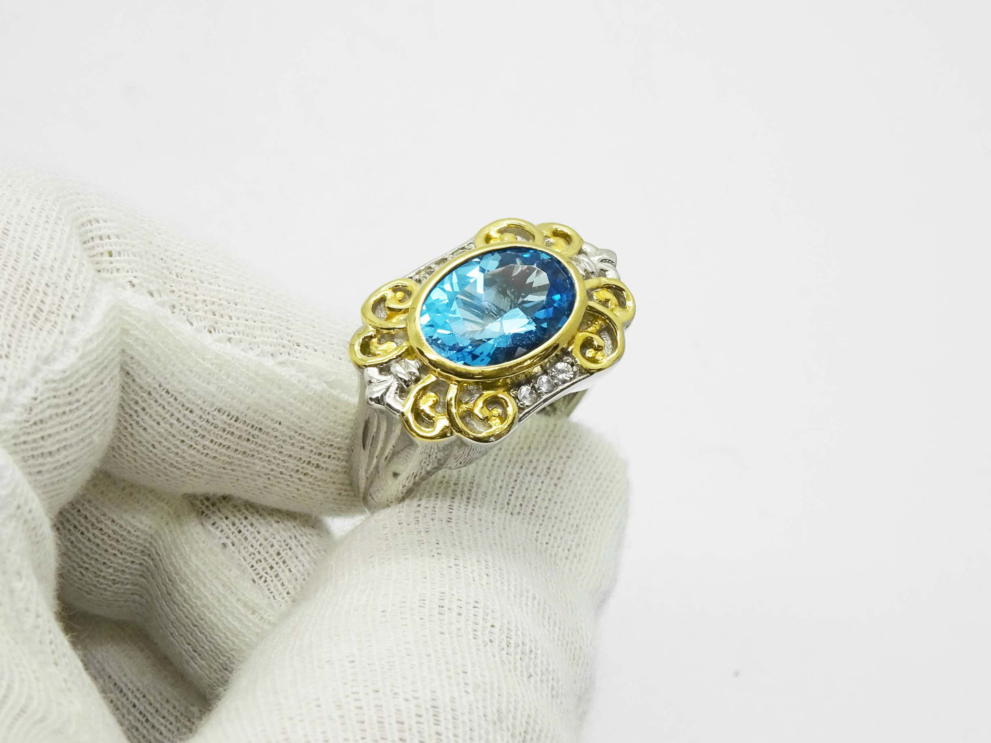 Faceted Blue Topaz & CZ Accent Statement Ring Sterling Silver Size 10