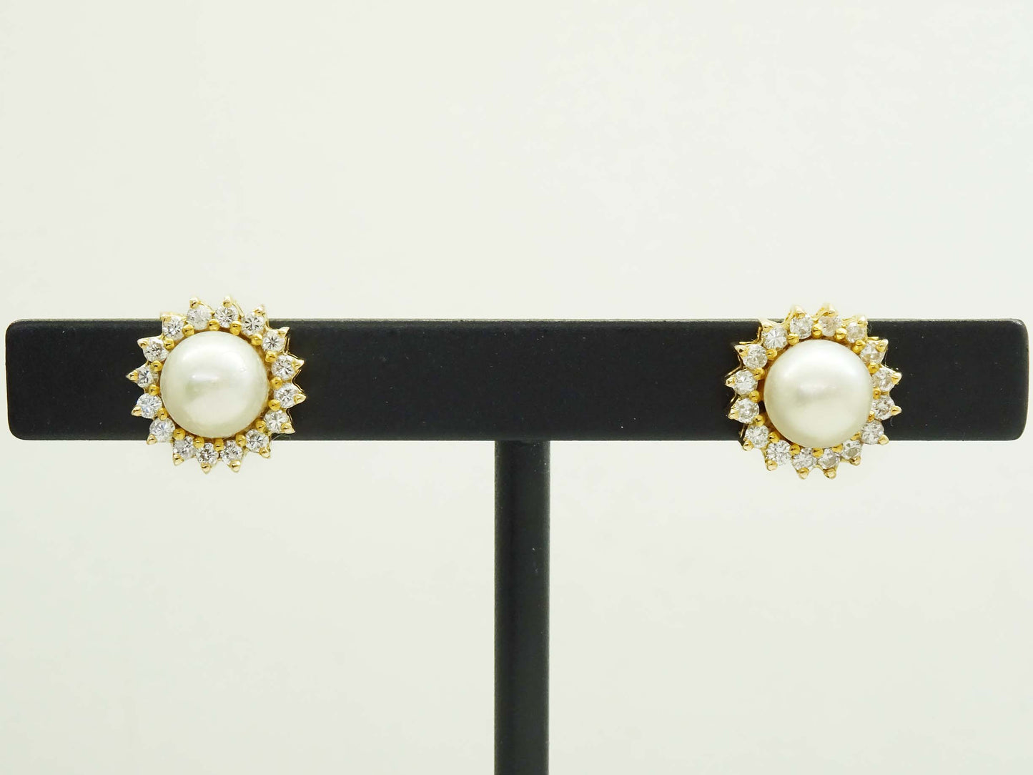 7mm Pearl Bead & Diamond Halo Burst Style Stud Earrings 14k Gold