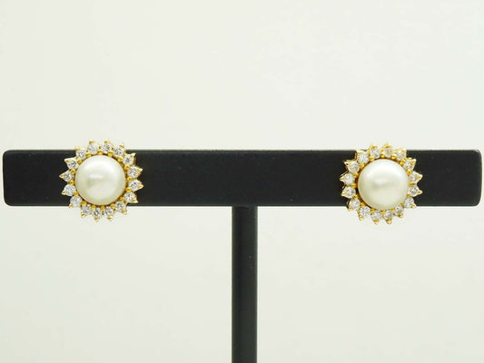 7mm Pearl Bead & Diamond Halo Burst Style Stud Earrings 14k Gold