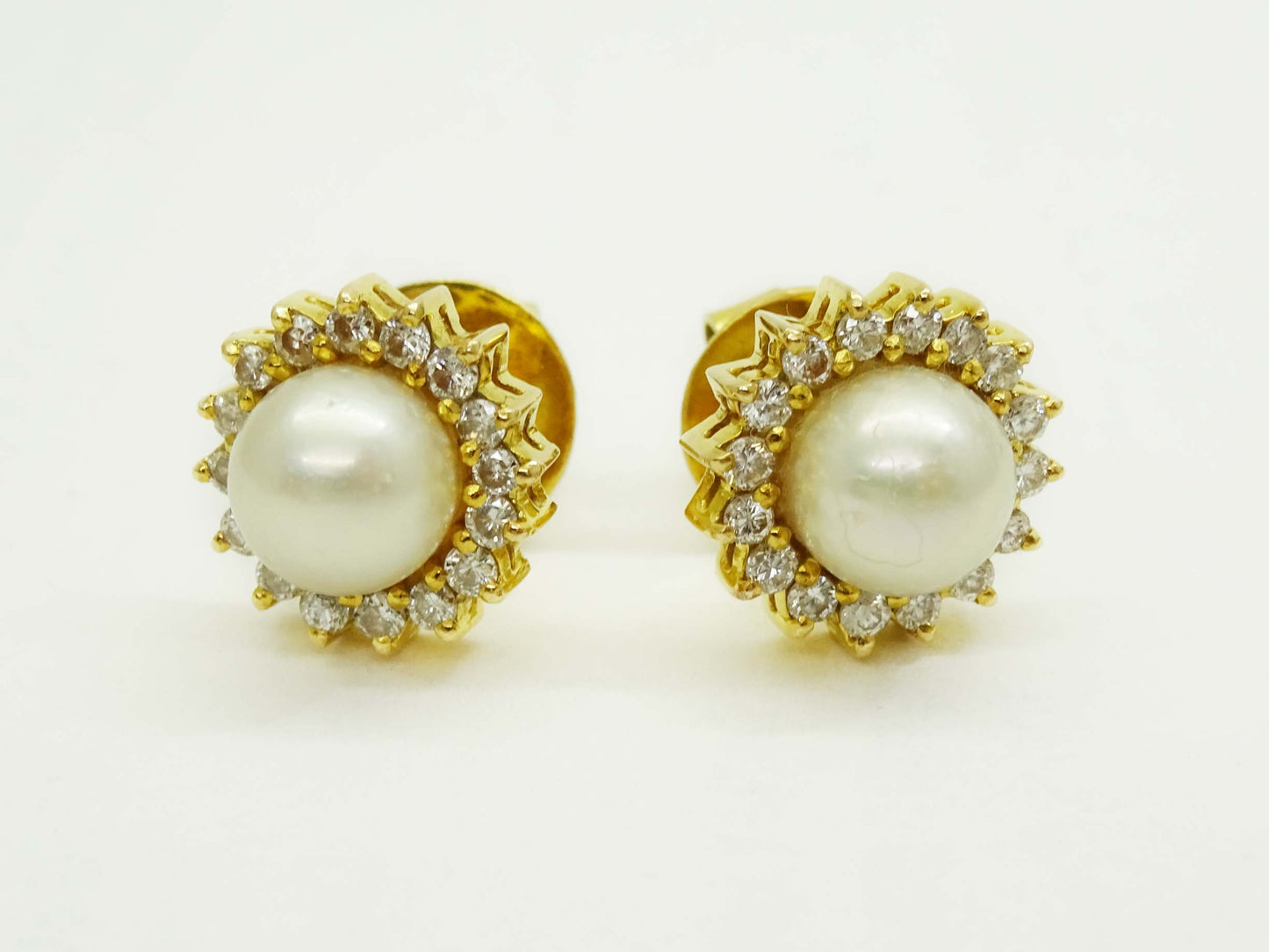 7mm Pearl Bead & Diamond Halo Burst Style Stud Earrings 14k Gold