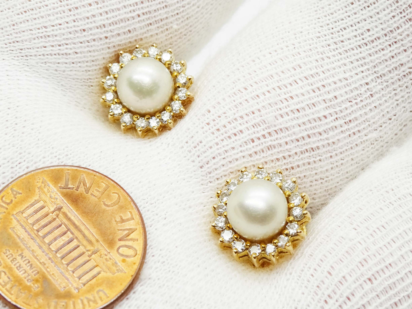 7mm Pearl Bead & Diamond Halo Burst Style Stud Earrings 14k Gold