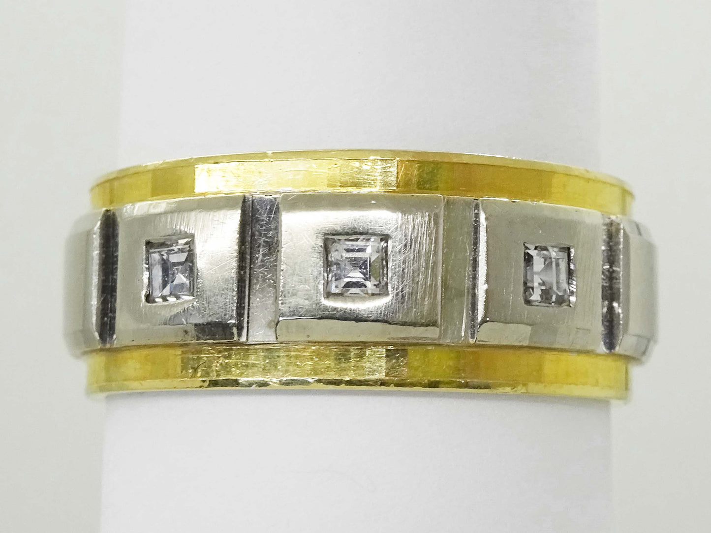 Men's 3-Stone Square Diamond Panel Design Band Ring 14k Two-Tone Gold Size 9.75