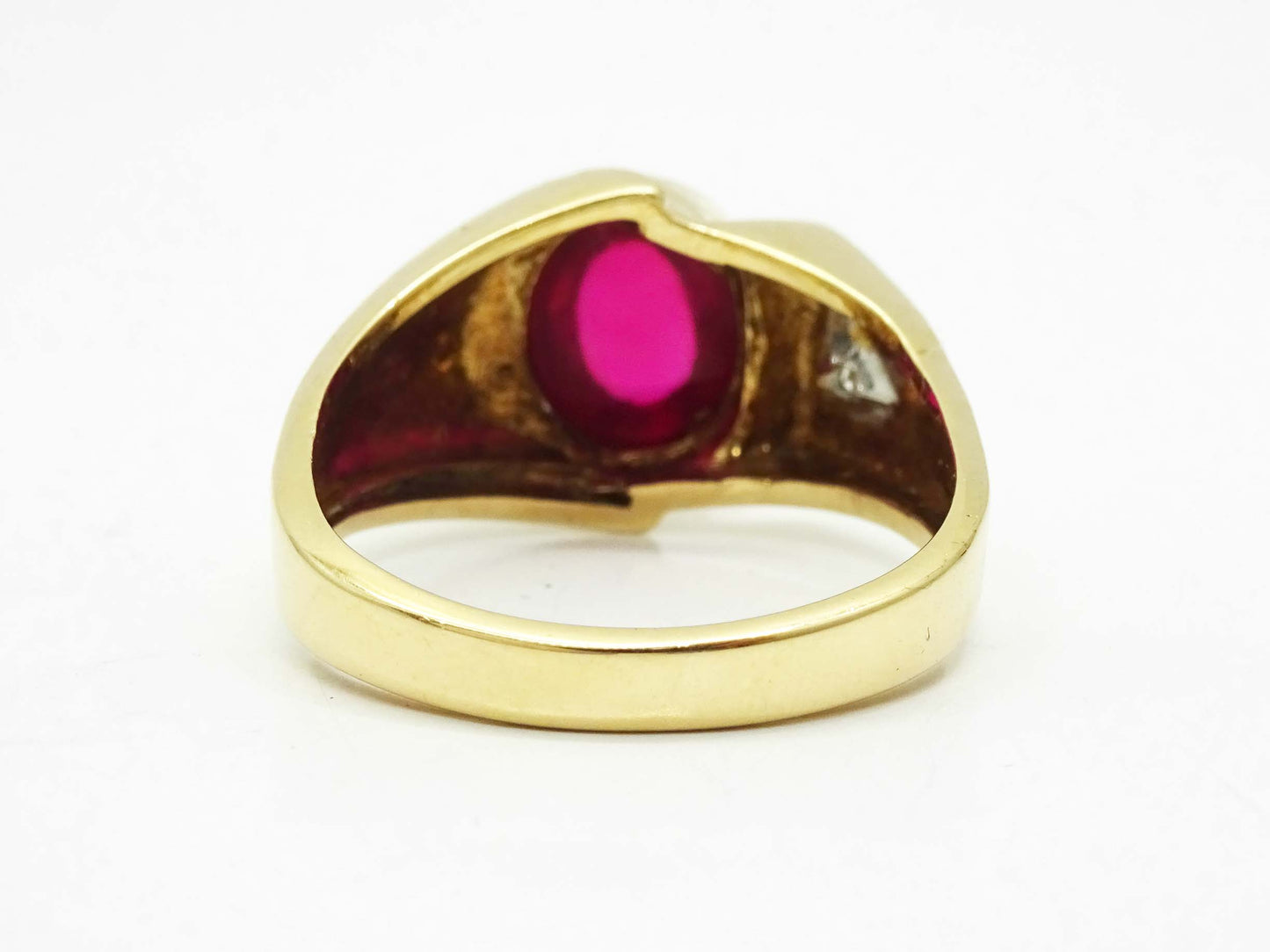 Oval Red Glass Cabochon & Natural Diamond Ring 10k Gold Size 10.5