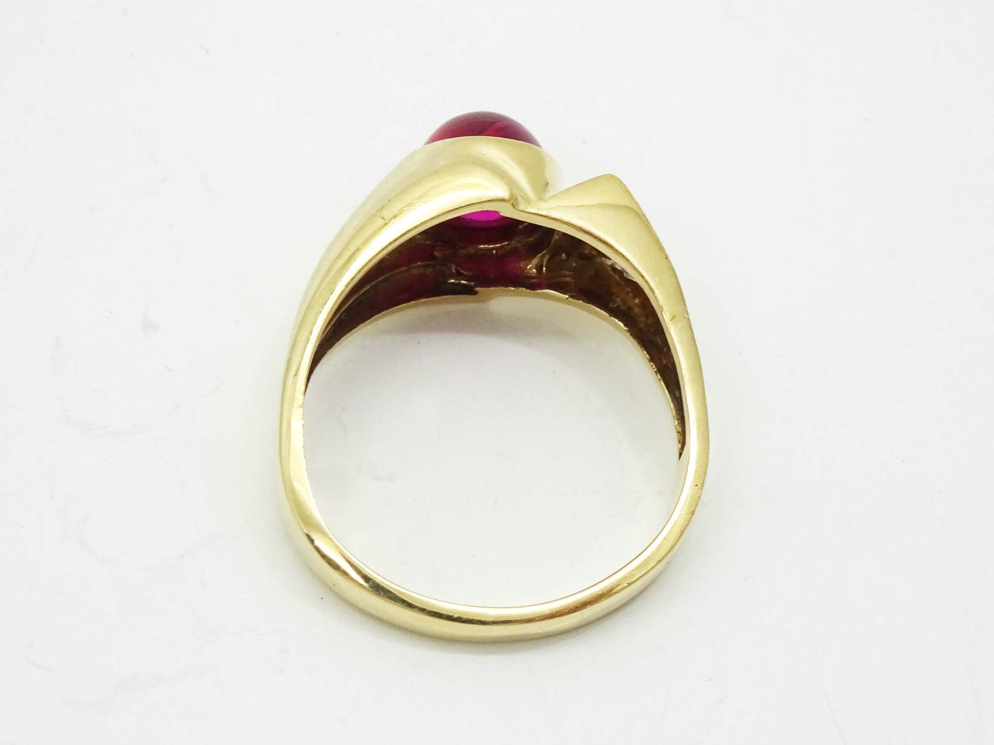 Oval Red Glass Cabochon & Natural Diamond Ring 10k Gold Size 10.5