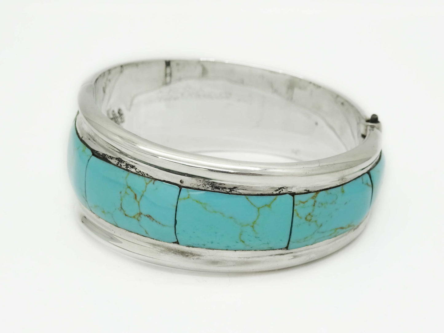 Taxco TR-164 Turquoise Inlay Hinged Bangle Cuff Bracelet Sterling Silver