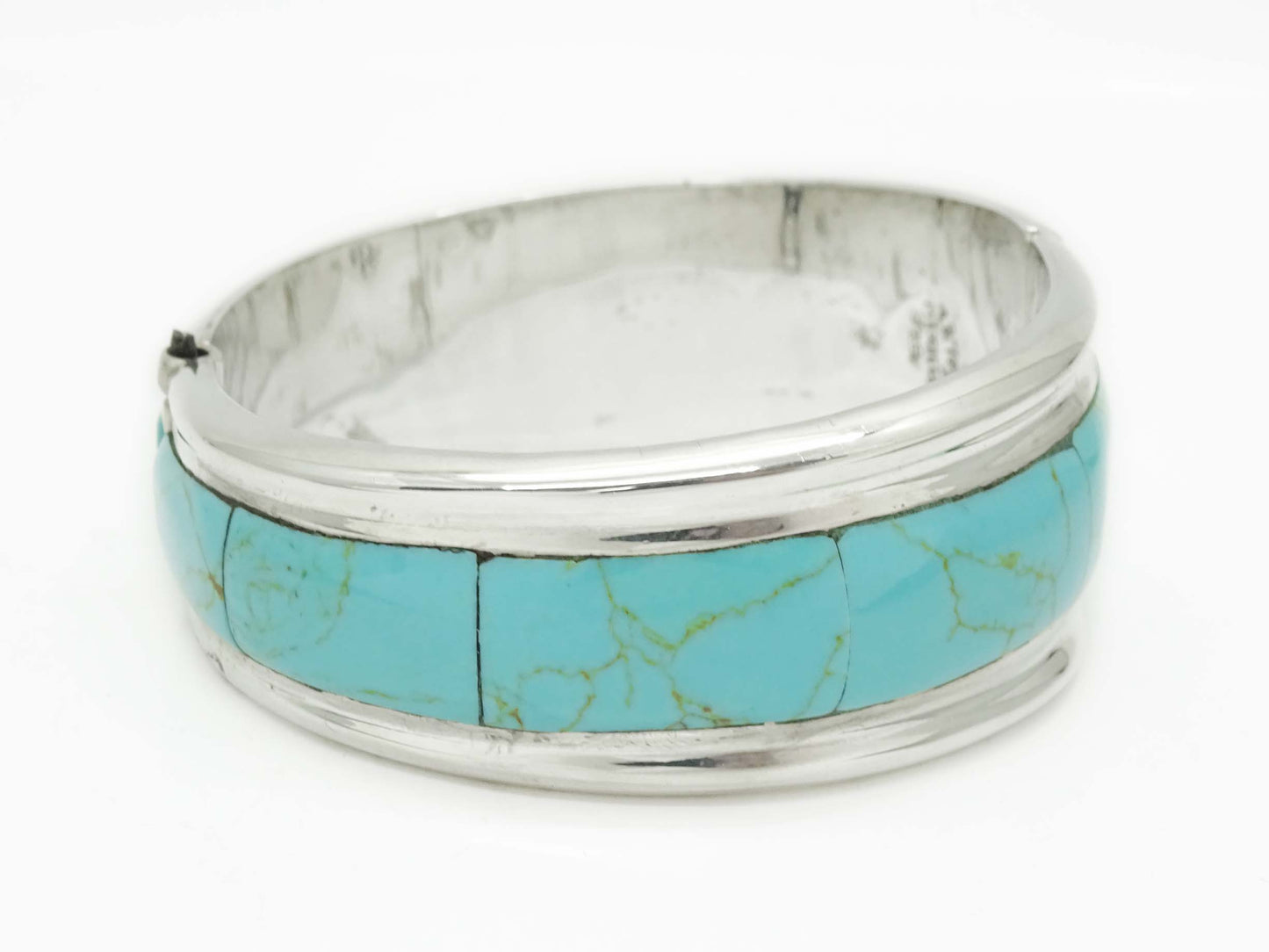 Taxco TR-164 Turquoise Inlay Hinged Bangle Cuff Bracelet Sterling Silver