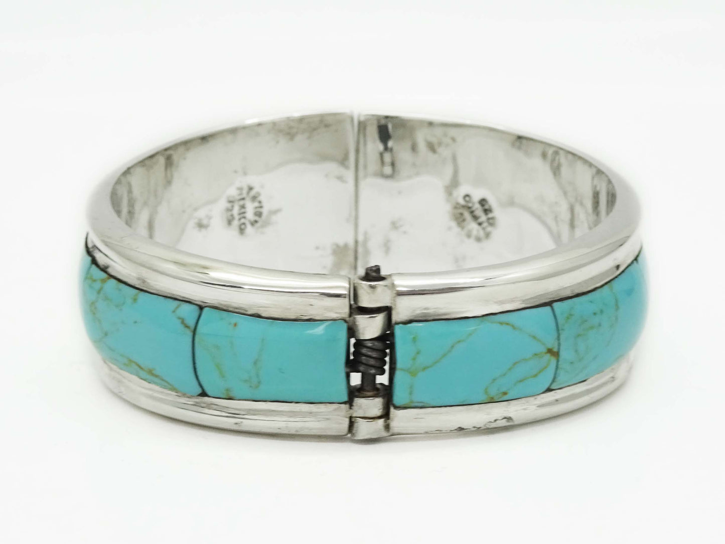 Taxco TR-164 Turquoise Inlay Hinged Bangle Cuff Bracelet Sterling Silver