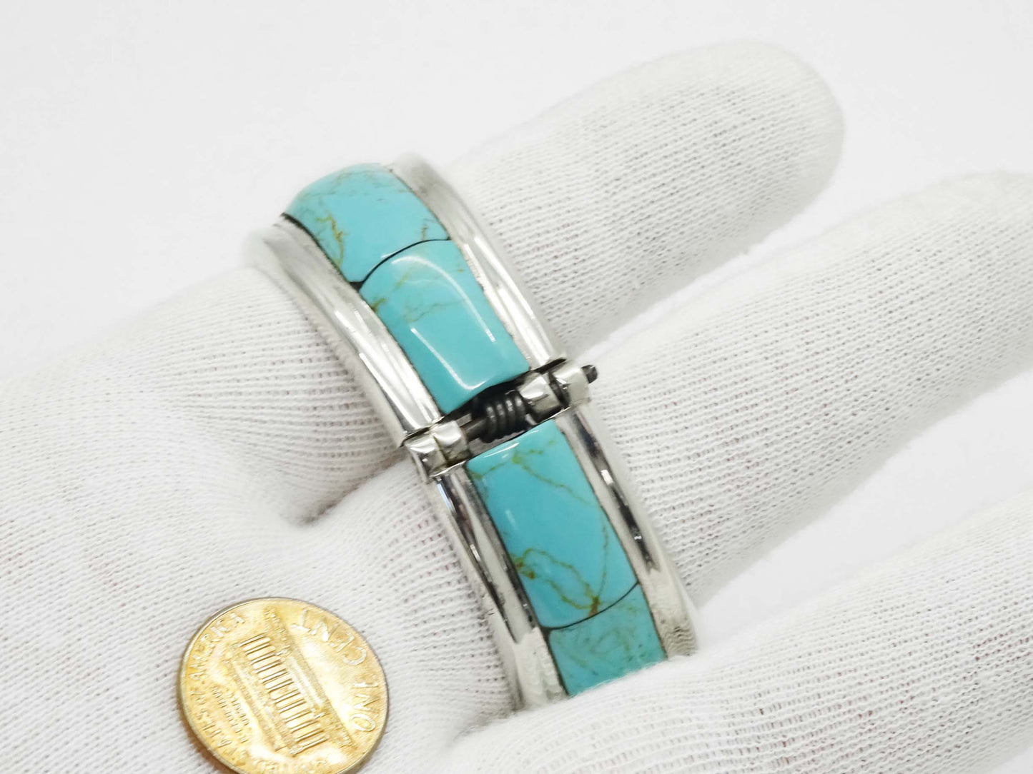 Taxco TR-164 Turquoise Inlay Hinged Bangle Cuff Bracelet Sterling Silver