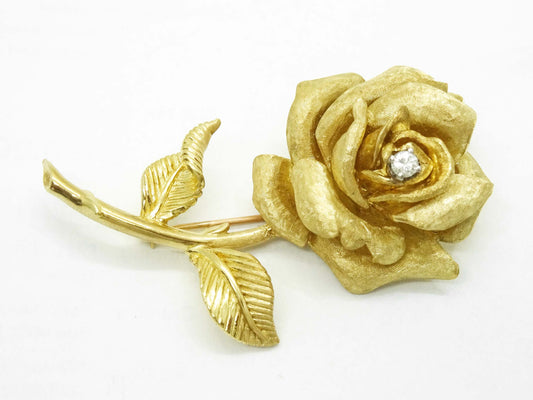 Vintage David E Trabich Designer Diamond Rose Brooch Pin 14k Yellow Gold