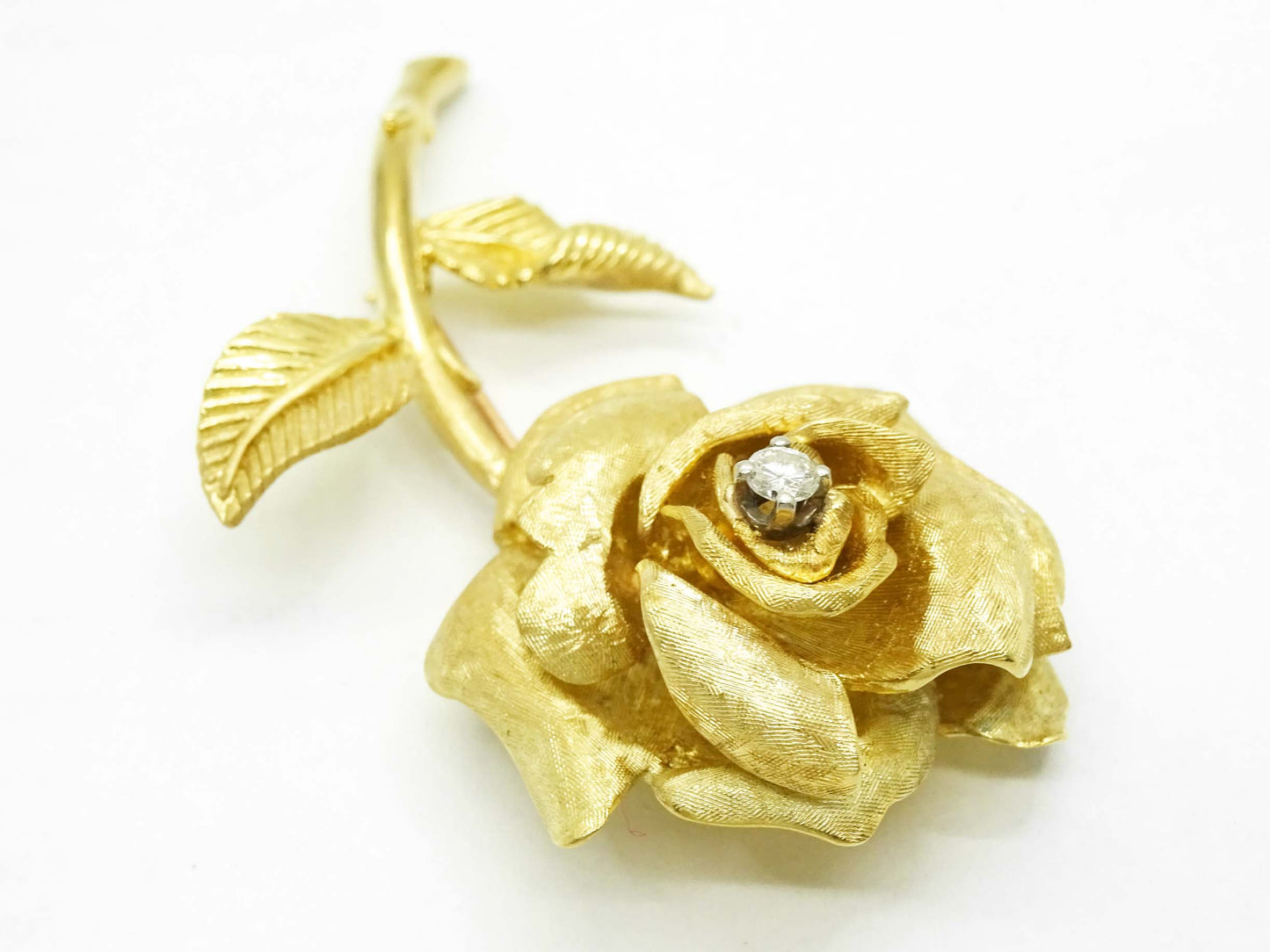 Vintage David E Trabich Designer Diamond Rose Brooch Pin 14k Yellow Gold