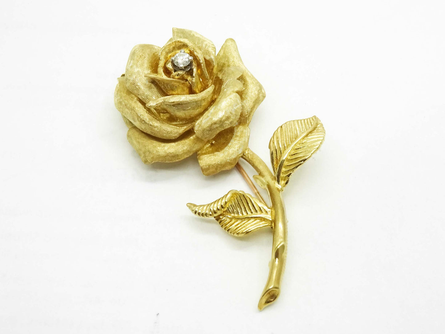 Vintage David E Trabich Designer Diamond Rose Brooch Pin 14k Yellow Gold