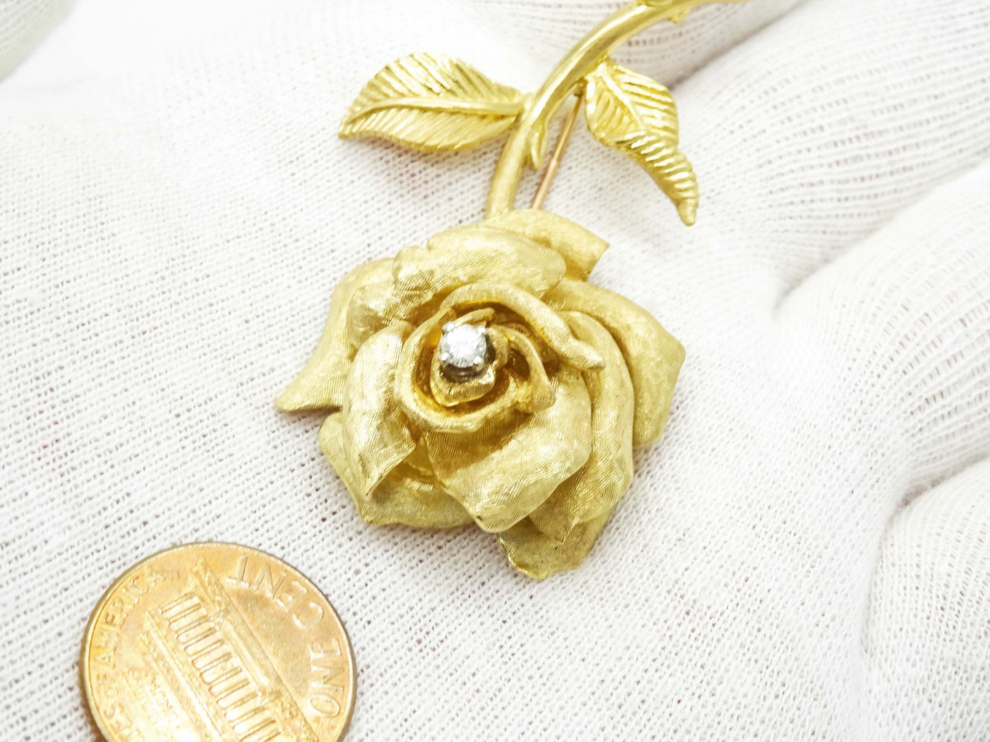 Vintage David E Trabich Designer Diamond Rose Brooch Pin 14k Yellow Gold