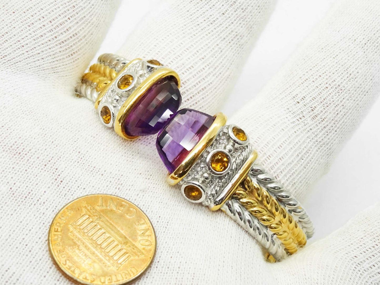 Burdick Amethyst & Citrine Two-Tone Hinged Bangle Weave Cuff Bracelet 14k Gold