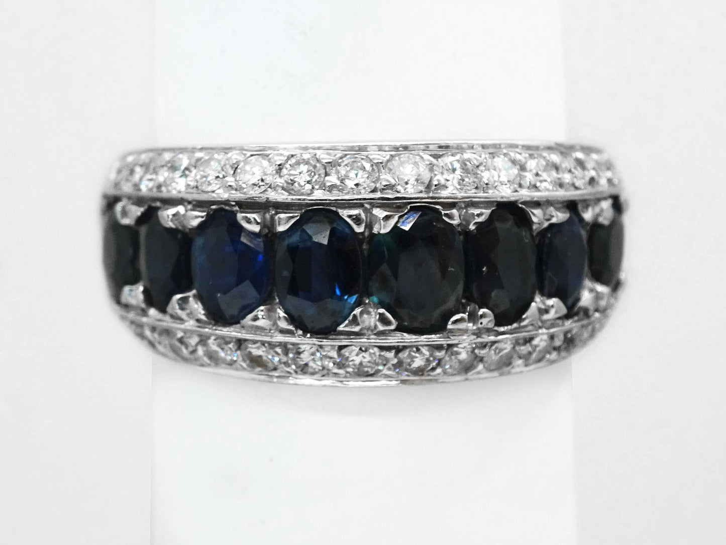 4.56ctw Natural Sapphire & Diamond 3-Row Ring 14k White Gold Size 8.5