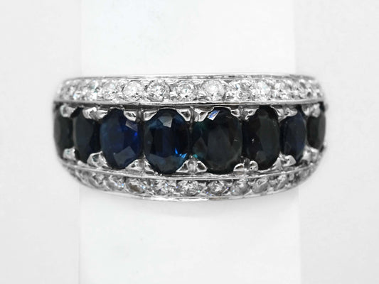 4.56ctw Natural Sapphire & Diamond 3-Row Ring 14k White Gold Size 8.5