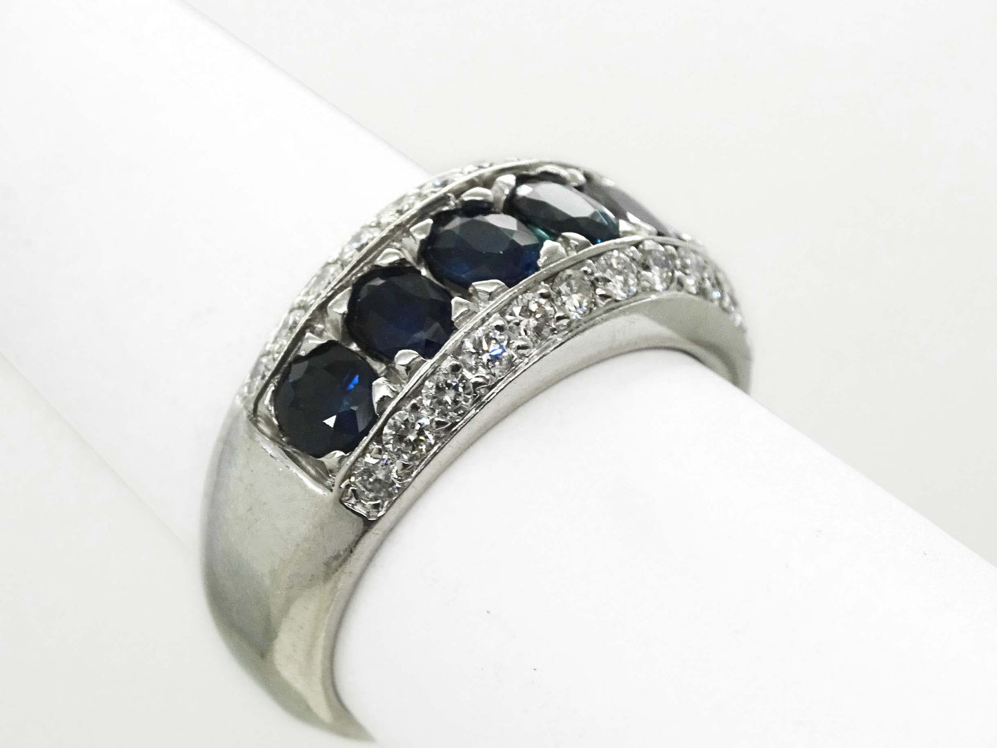 4.56ctw Natural Sapphire & Diamond 3-Row Ring 14k White Gold Size 8.5