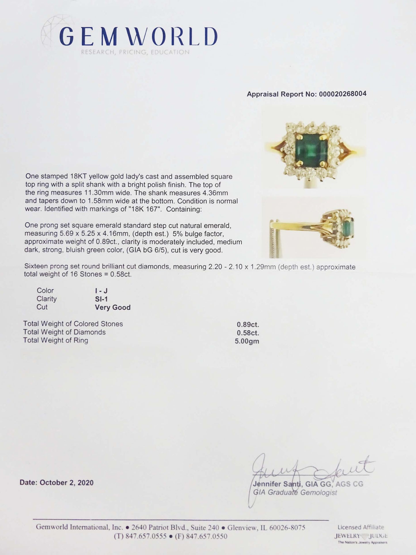 1.47ct tw Square Natural Emerald & Diamond Halo Ring 18k Gold Size 7.25