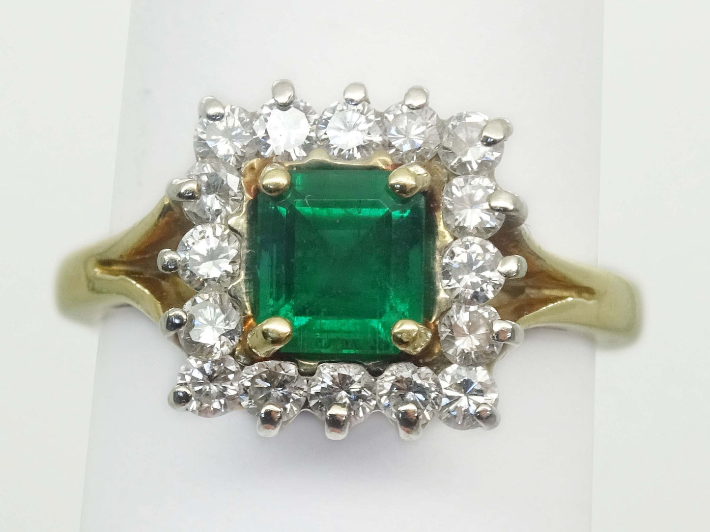 1.47ct tw Square Natural Emerald & Diamond Halo Ring 18k Gold Size 7.25