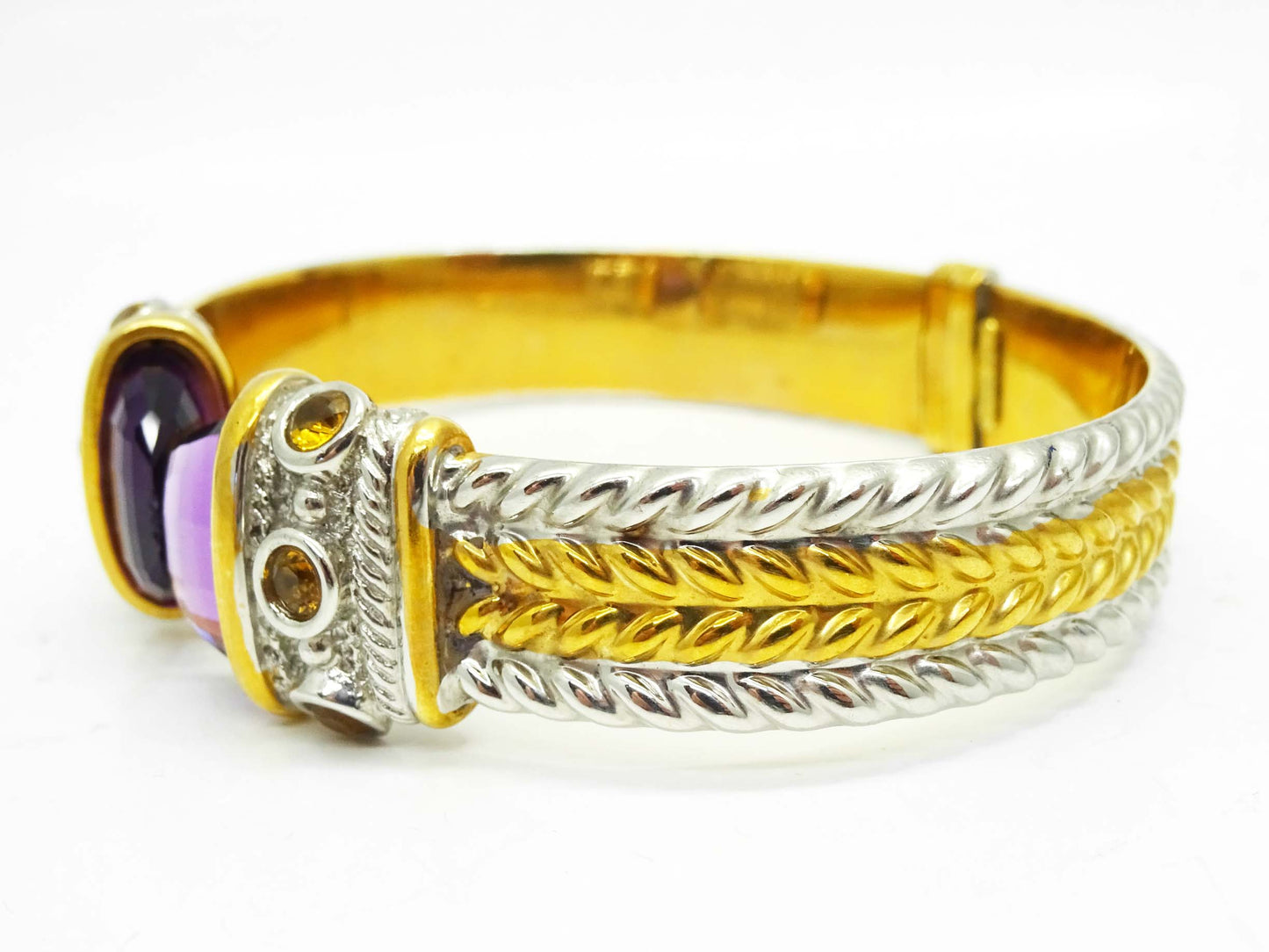 Burdick Amethyst & Citrine Two-Tone Hinged Bangle Weave Cuff Bracelet 14k Gold