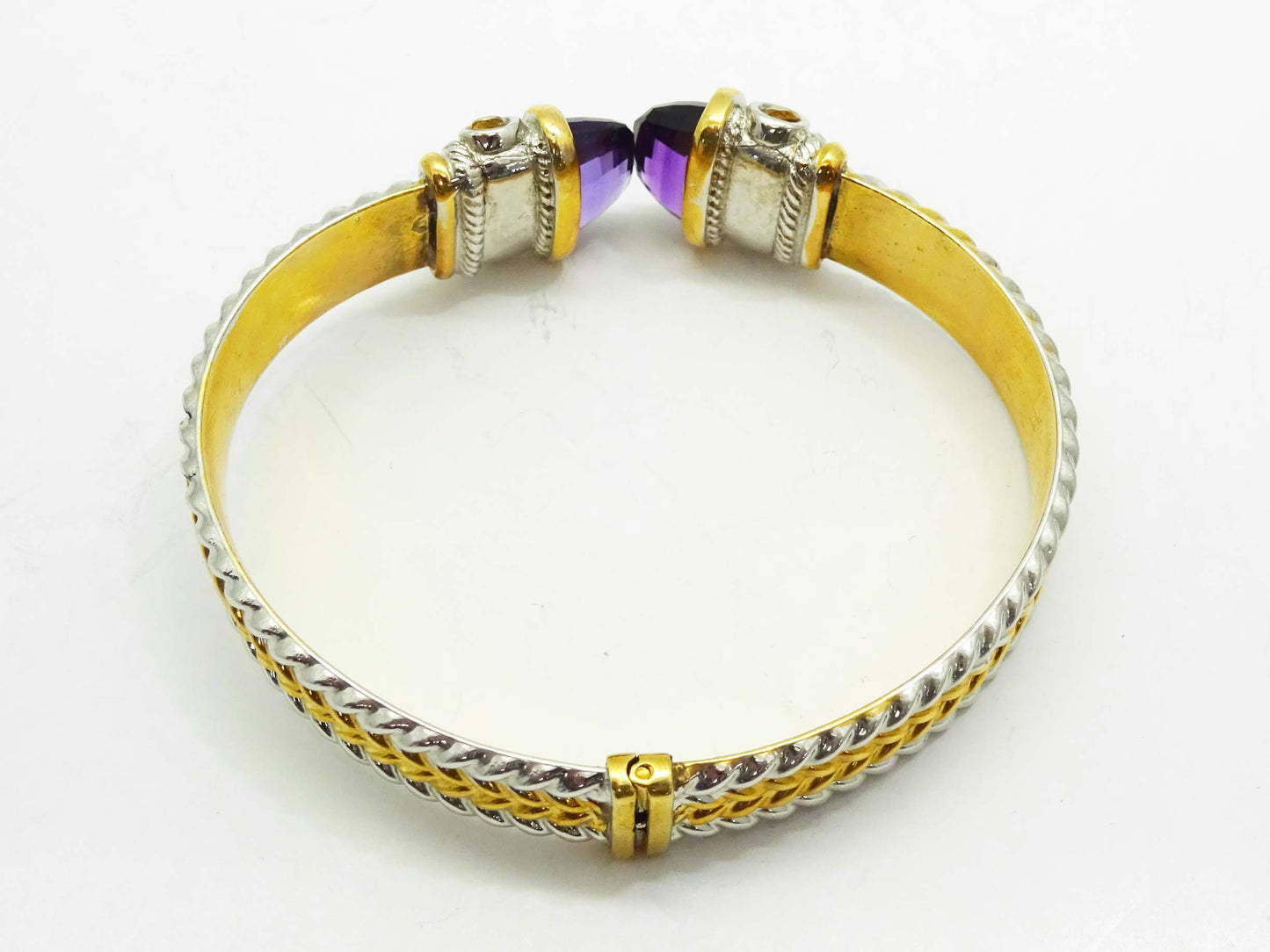 Burdick Amethyst & Citrine Two-Tone Hinged Bangle Weave Cuff Bracelet 14k Gold