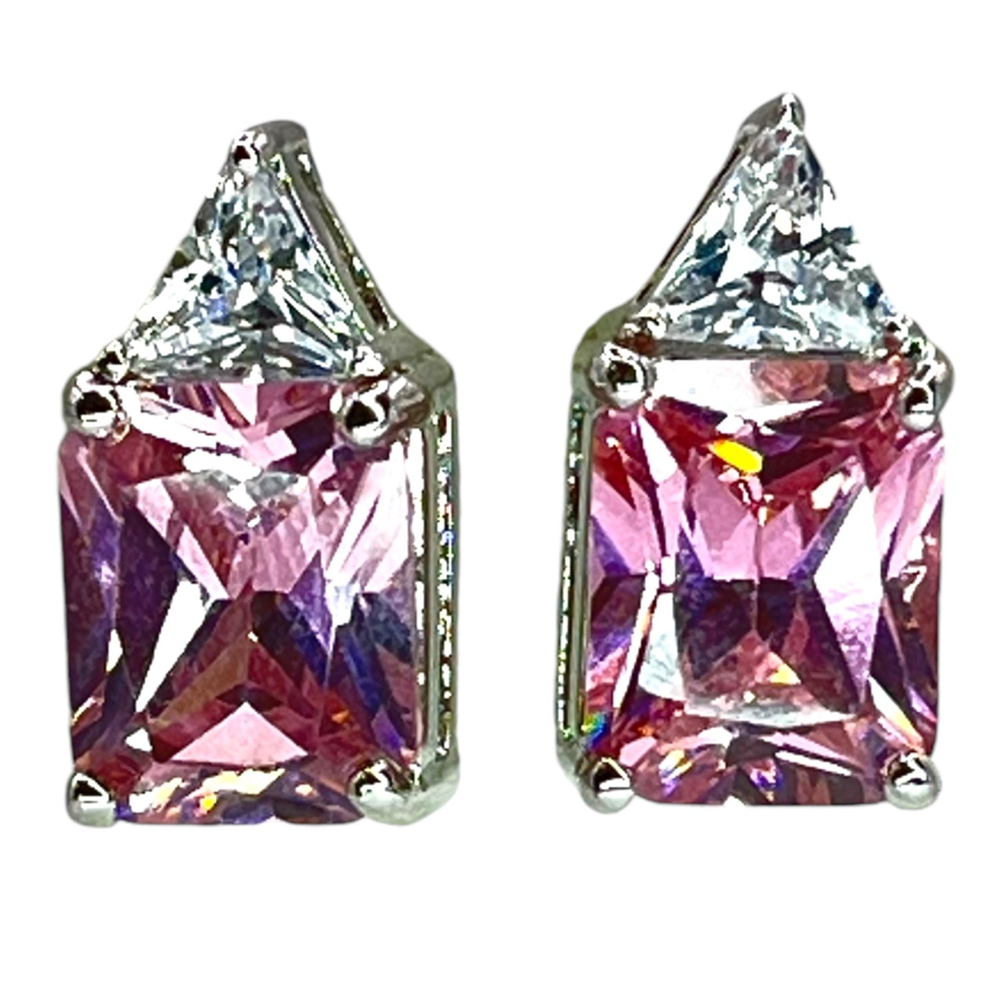 Silver Rose Pink Rectangular Cut Gemstone Stud CZ Earrings Geometric Formal