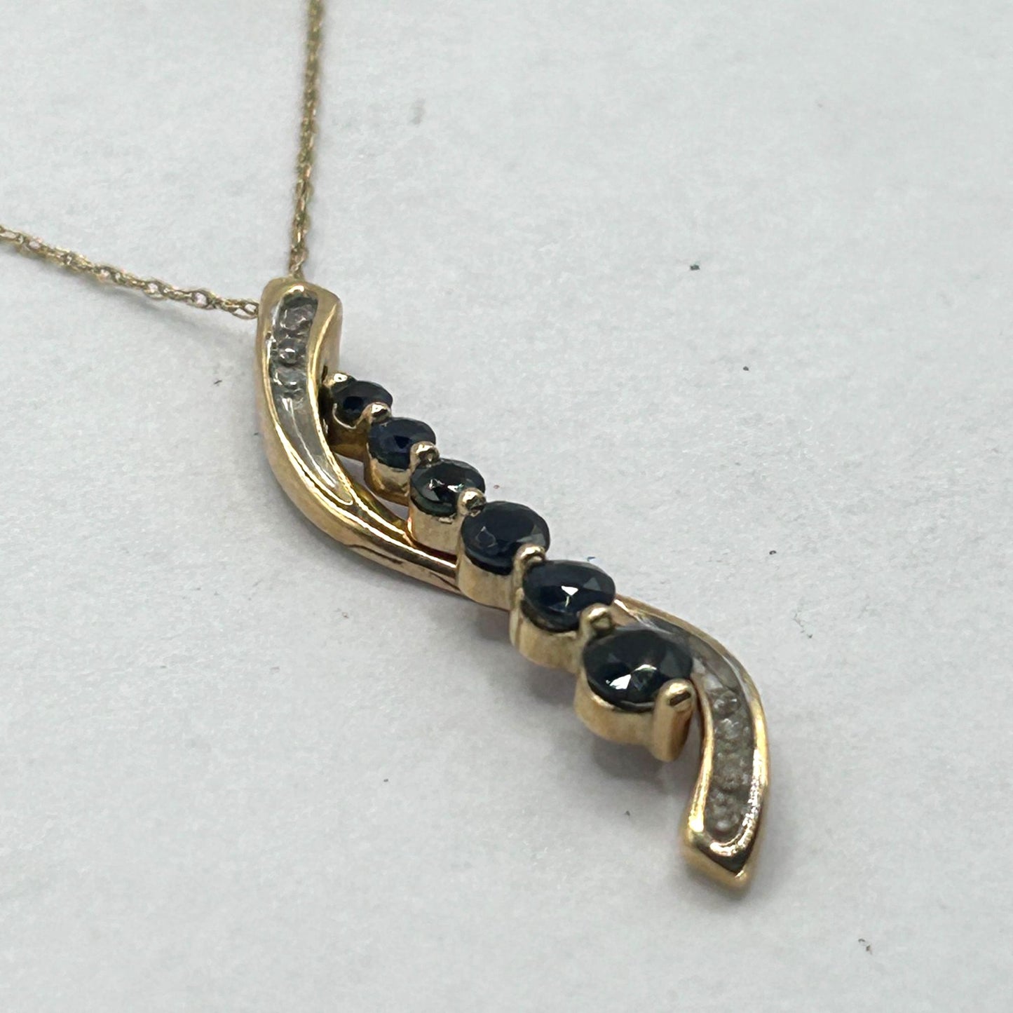 Sapphire & Diamond Journey Pendant 10k Yellow Gold 18" Necklace