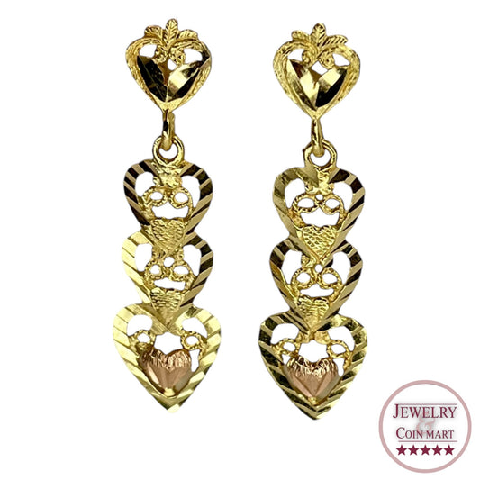 14K Yellow and Rose Gold Heart Dangle Drop Earrings Etched Statement Love