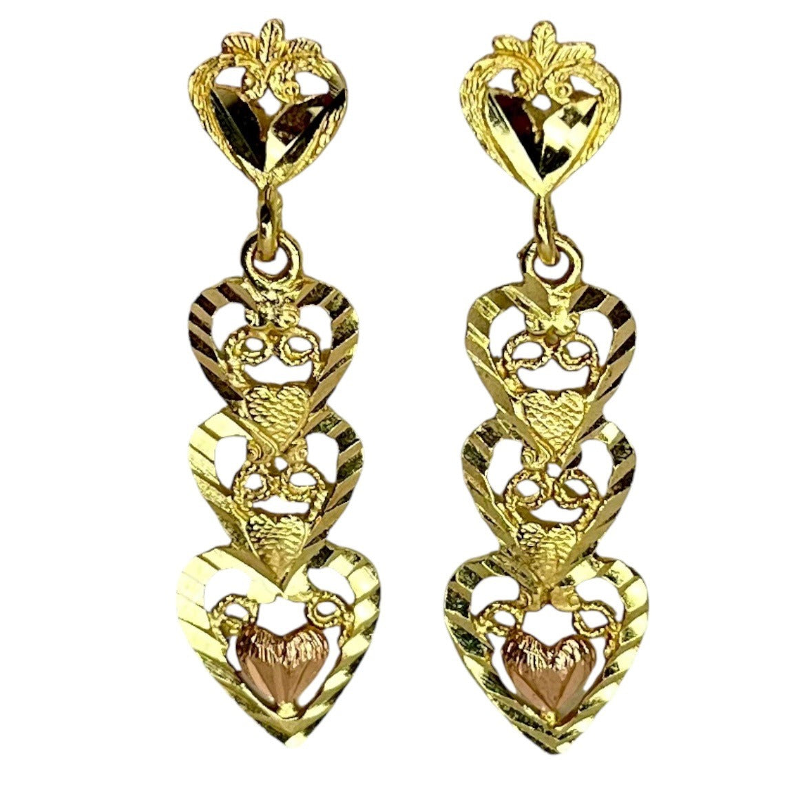 14K Yellow and Rose Gold Heart Dangle Drop Earrings Etched Statement Love