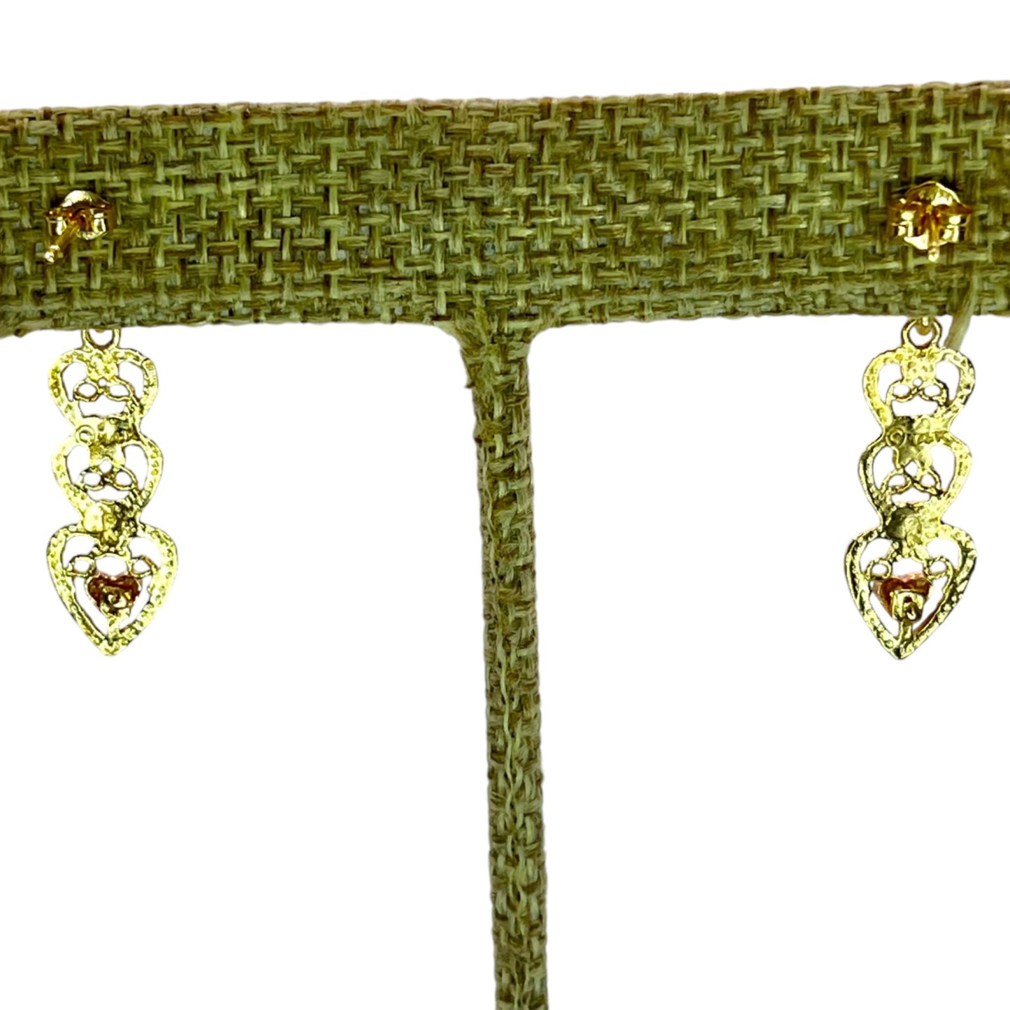 14K Yellow and Rose Gold Heart Dangle Drop Earrings Etched Statement Love