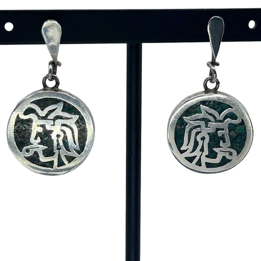 Vintage Mexico MC-47 925 Sterling Silver & Turquoise Inlay Dangle Drop Earrings