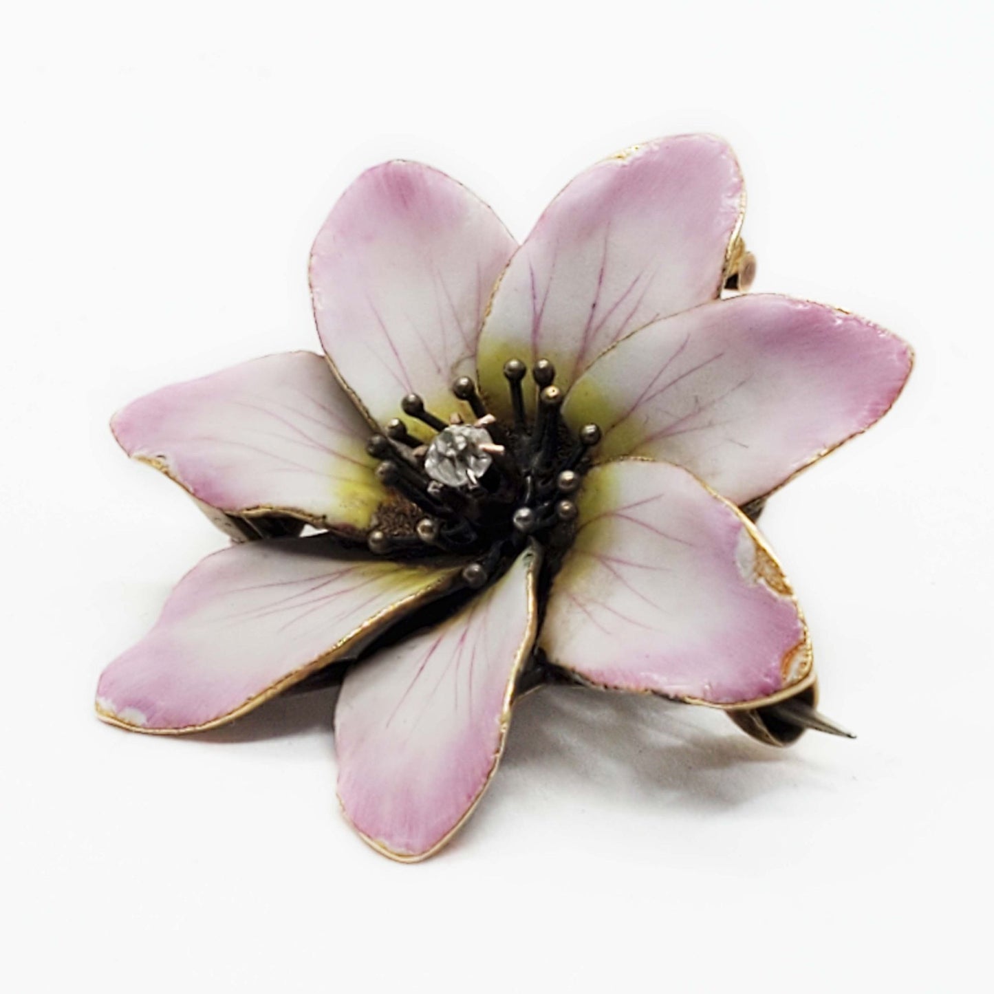 Art Nouveau Old Mine Diamond & Enamel Flower Brooch Pin Pendant 14k Gold