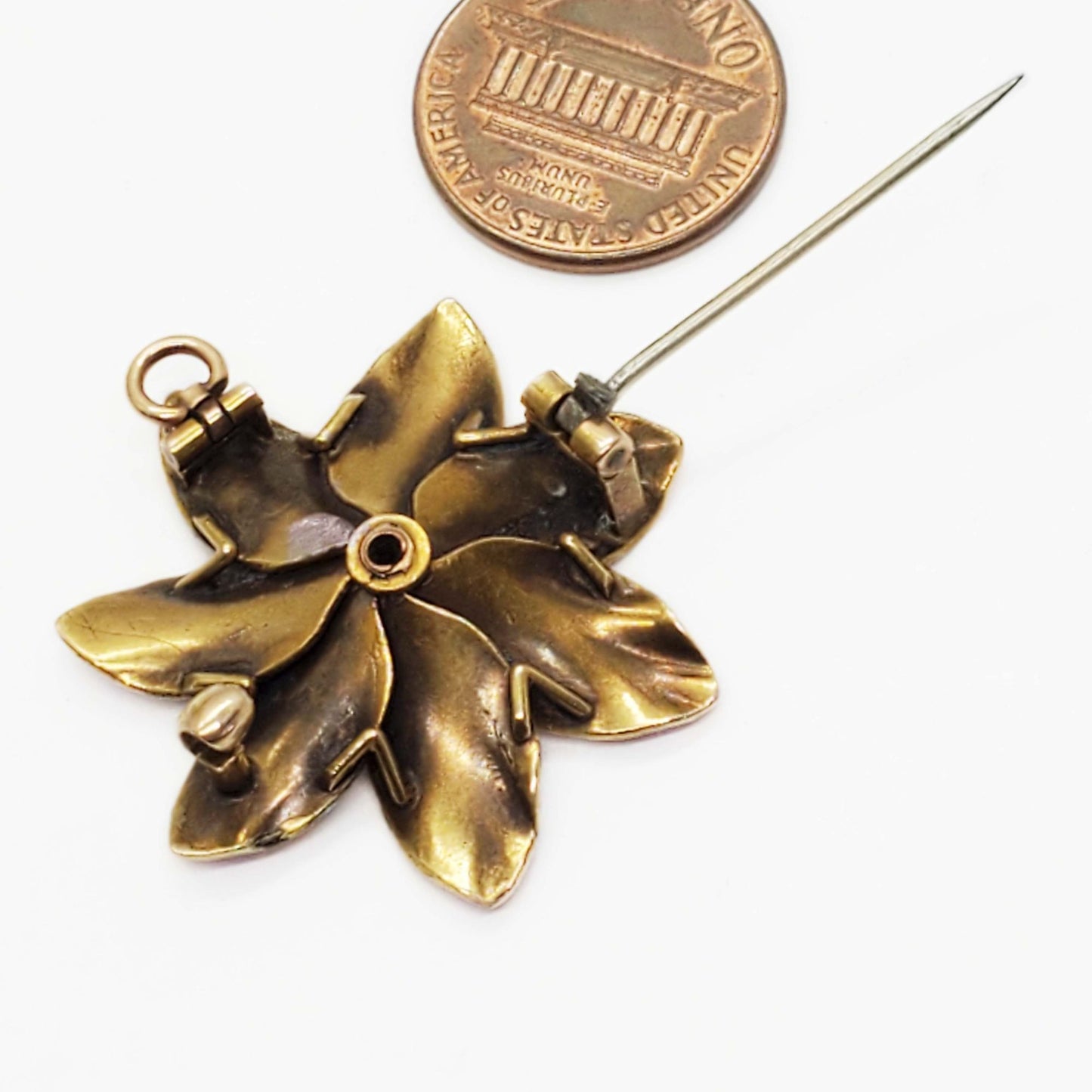 Art Nouveau Old Mine Diamond & Enamel Flower Brooch Pin Pendant 14k Gold