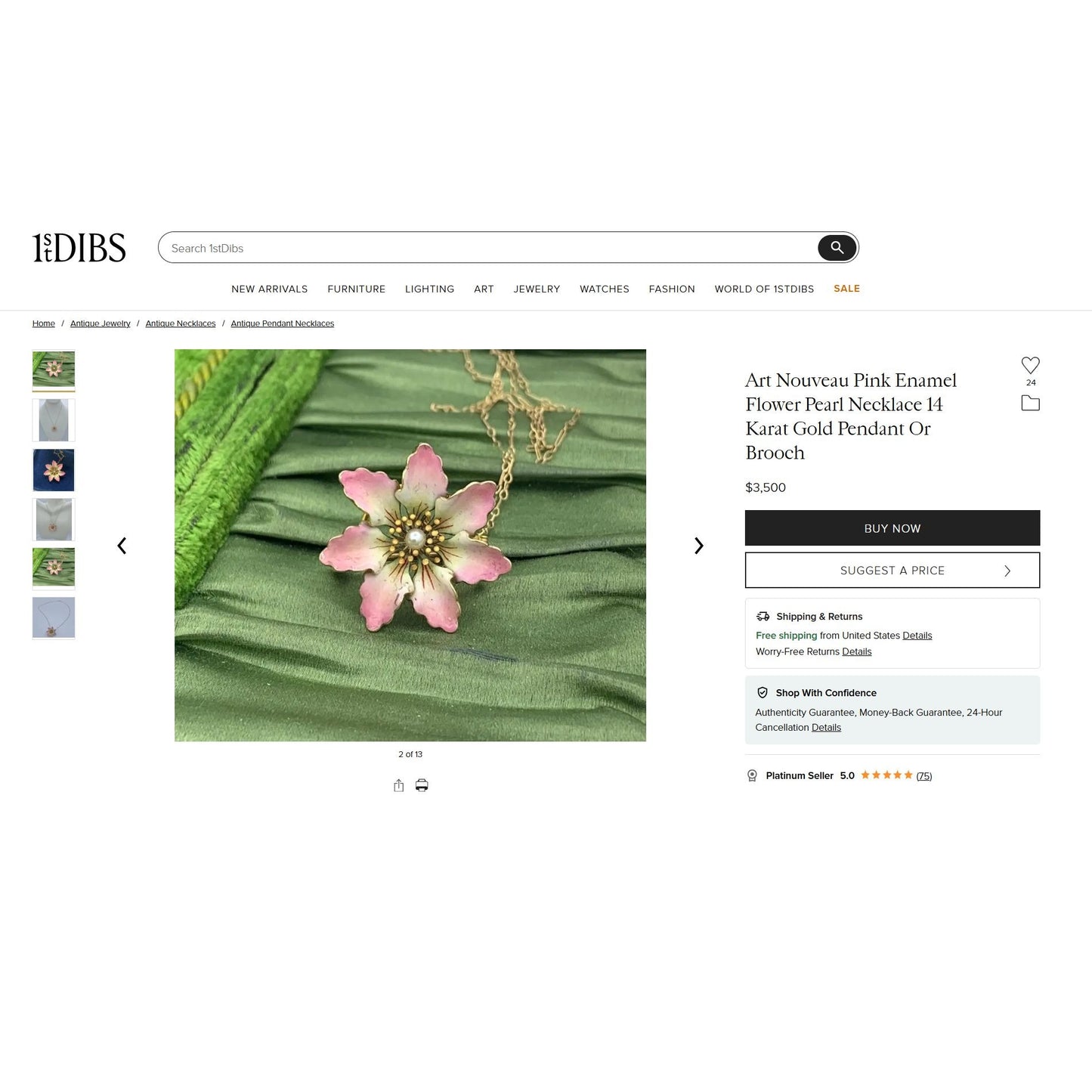 Art Nouveau Old Mine Diamond & Enamel Flower Brooch Pin Pendant 14k Gold