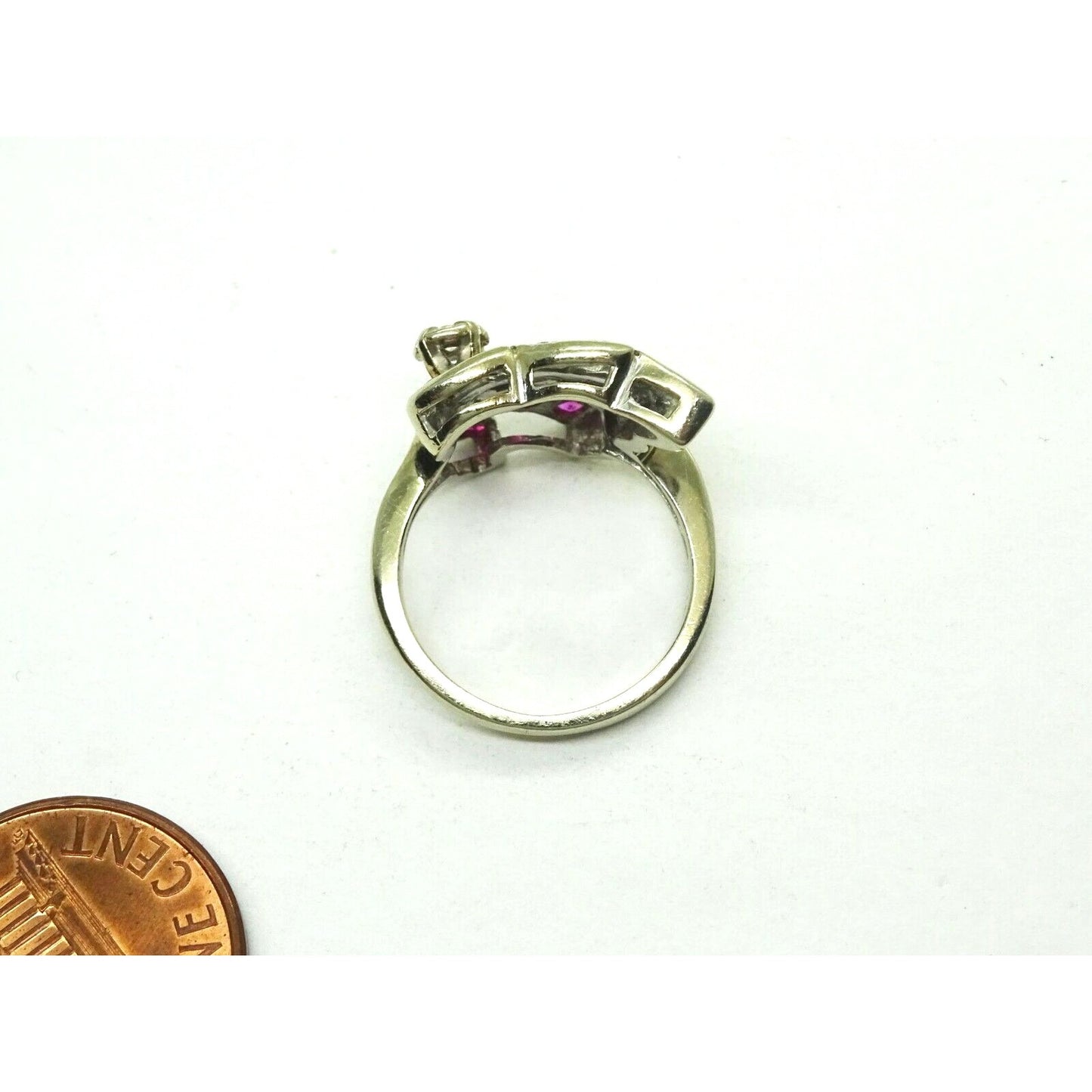 Retro Vintage 0.33ct tw Natural Ruby & Diamond Ring 14k White Gold Size 4.5