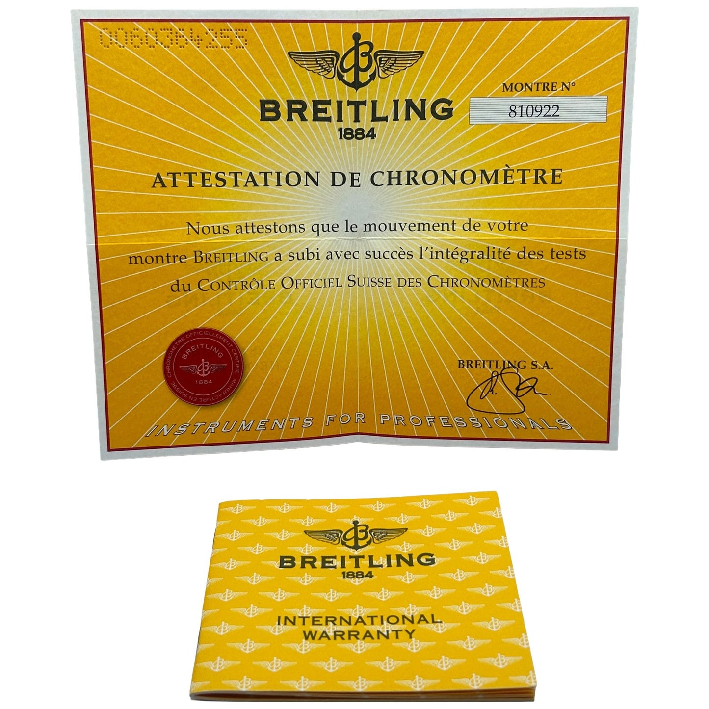 Breitling Navitimer International Warranty & COSC Certificate AL337011 810922 2006