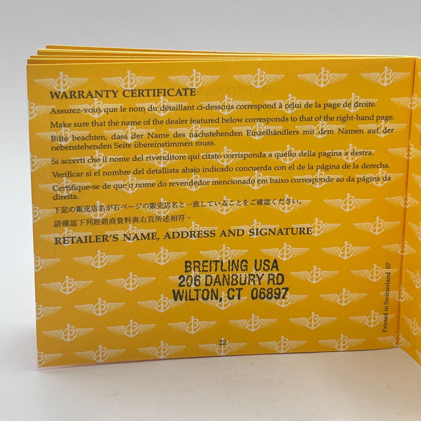 Breitling Navitimer International Warranty & COSC Certificate AL337011 810922 2006