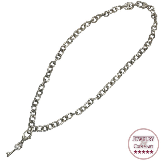 Judith Ripka Sterling Silver Textured Link Chain Key Pendant CZ Classic