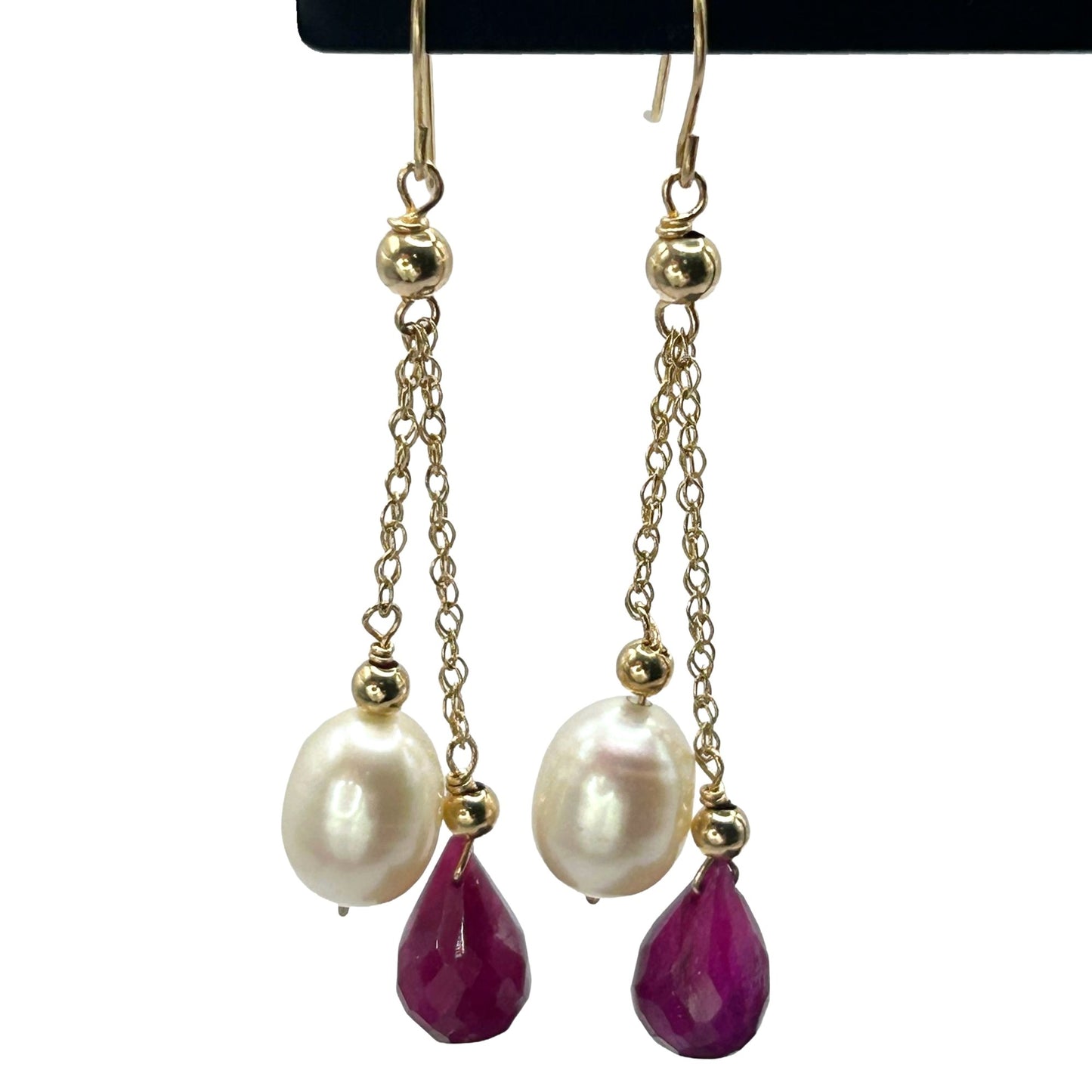 14k Yellow Gold Pearl & Created Ruby Dangle Drop Earrings