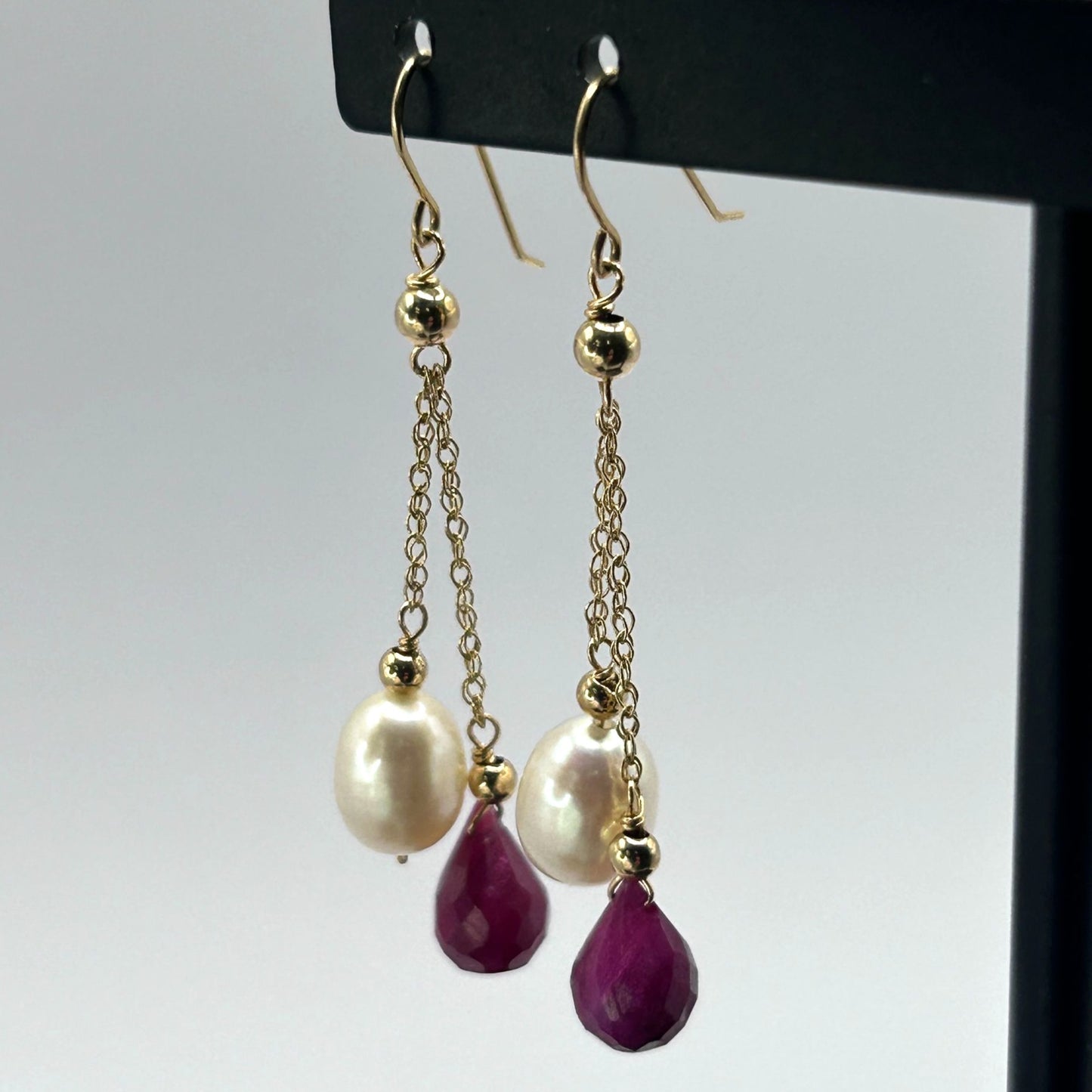 14k Yellow Gold Pearl & Created Ruby Dangle Drop Earrings