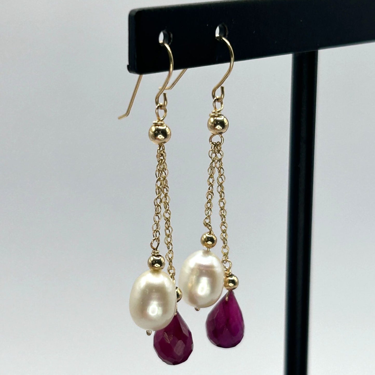 14k Yellow Gold Pearl & Created Ruby Dangle Drop Earrings