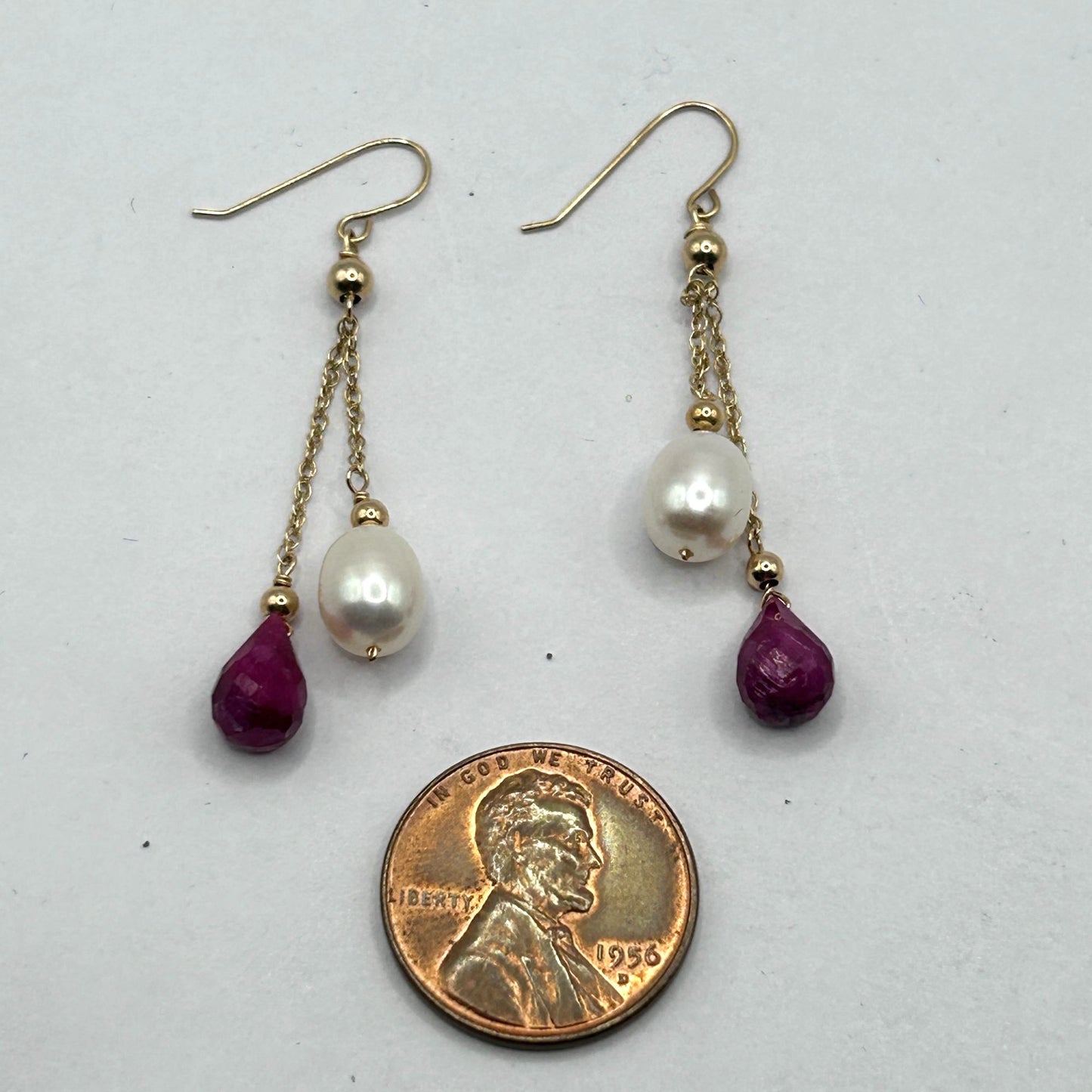14k Yellow Gold Pearl & Created Ruby Dangle Drop Earrings