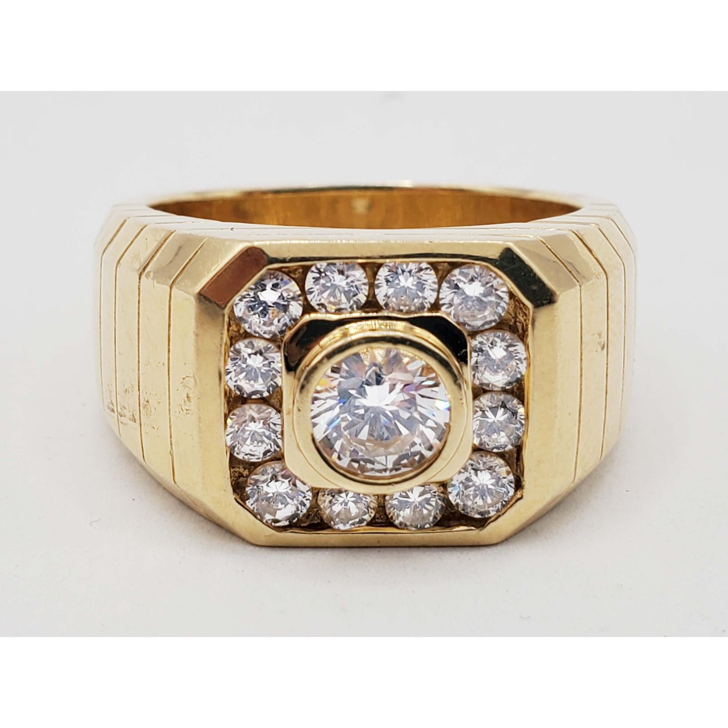 Men's CZ Halo Cluster Rib Shank Ring 14k Gold Size 10.5