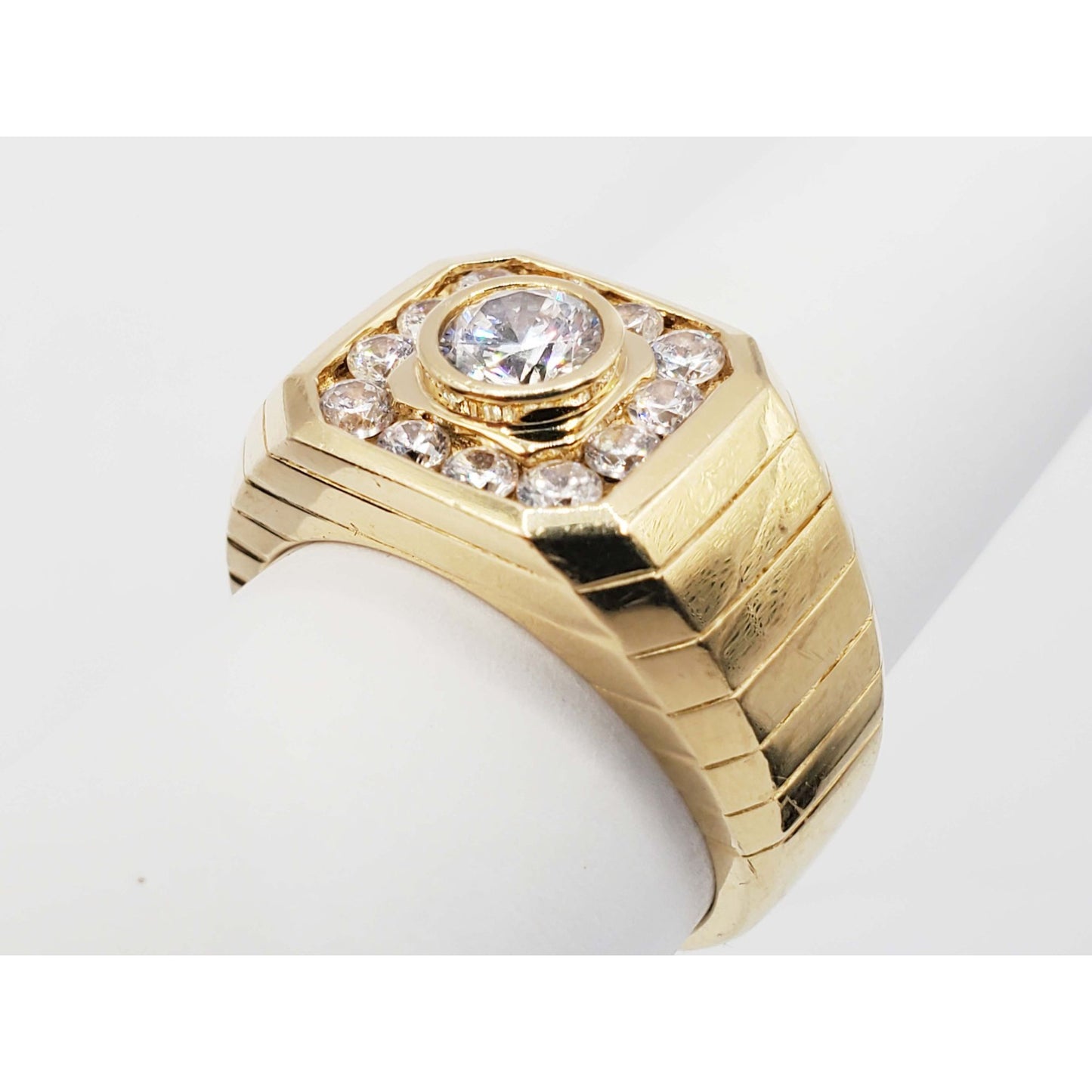 Men's CZ Halo Cluster Rib Shank Ring 14k Gold Size 10.5